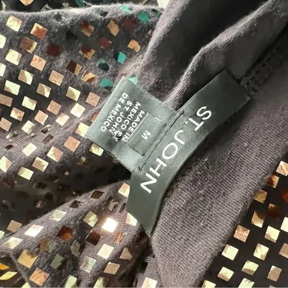 St.John V-Neck Sequins Embroidered T-Shirt Blouse Top 3/4 Sleeve Gold Mahogany M - Picture 6 of 6